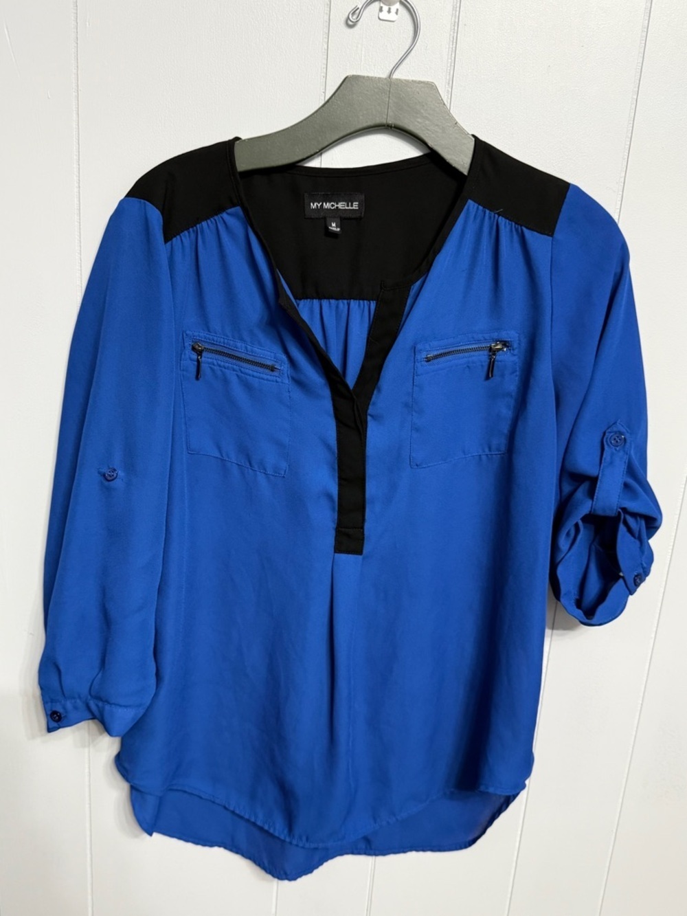 #17) My Michelle Cobalt Blue & Black Contrast Yoke Blouse